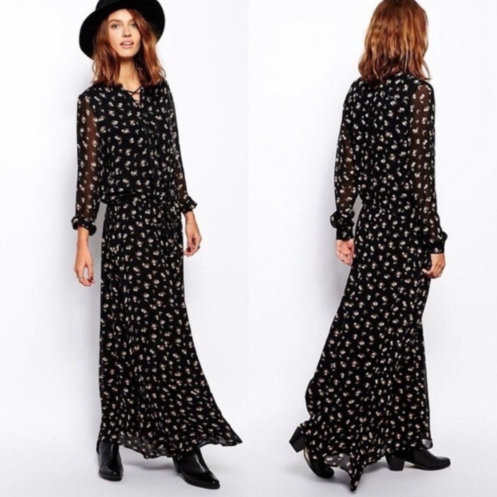 Maison Scotch Maxi Dress Women 1 Black Floral Lace Up Boho Long Sleeve Chiffon